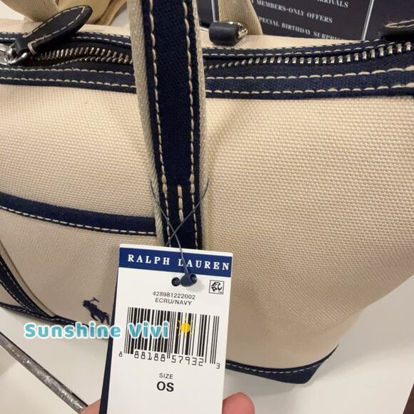 NWT Polo Ralph Lauren Canvas Zip Travel Tote Bag Crossbody Ecru /Navy - Picture 2 of 5